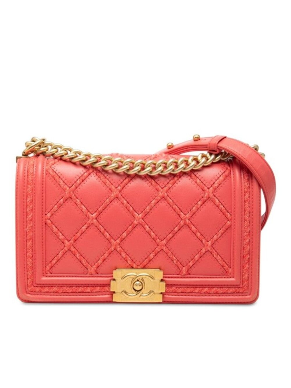 Chanel CC Logo Boy 25 Chain Shoulder Bag Pink Gold Leather